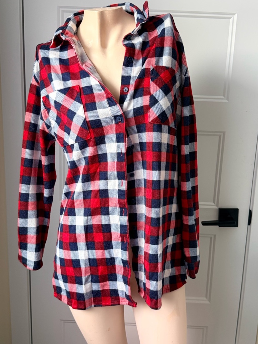 Red Navy White Plaid Button-Up Shirt